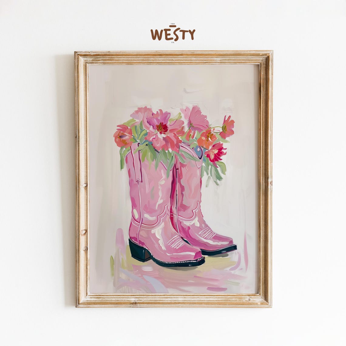 Pink Cowboy Boots Filled With Flowers Western Floral Style Art Poster