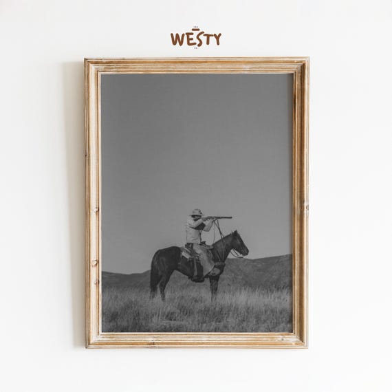 Cowboy Sniper Poster Western Rifleman Wall Art Black White Horseman Print