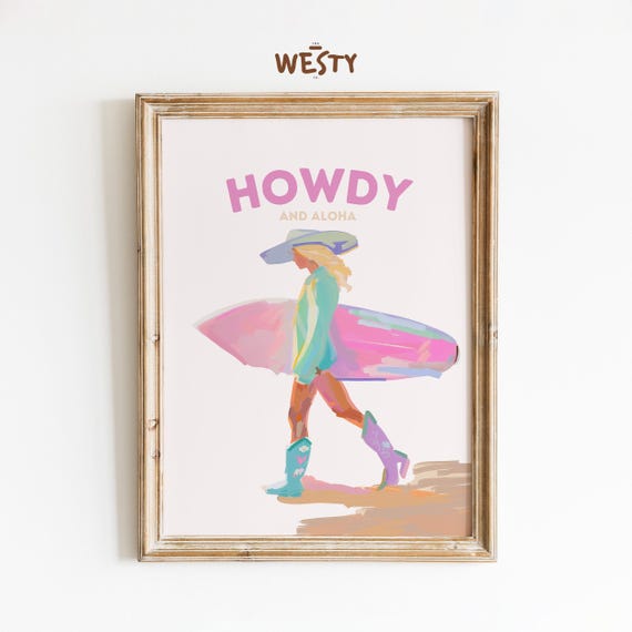 Cowgirl Surfer Art Print Western Beach Wall Decor Howdy Aloha Poster