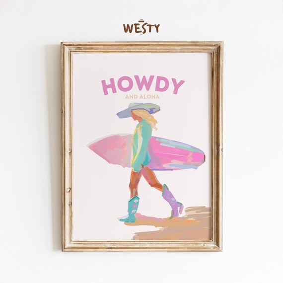 Howdy and Aloha Cowgirl Surfboard Pastel Western Beach Art Poster