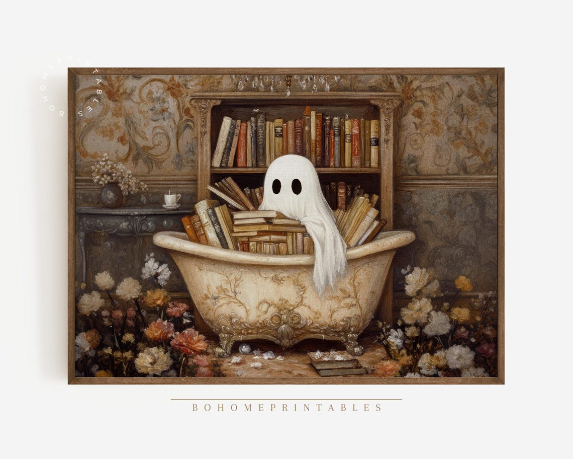 Cute Ghost Reading Books in a Bathtub Library Halloween Poster