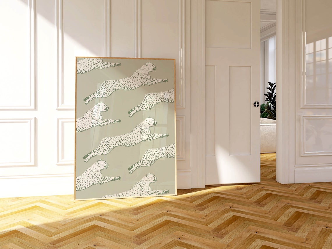 Sage Green Leaping Leopard Pattern Trendy Animal Wall Poster - Image 2
