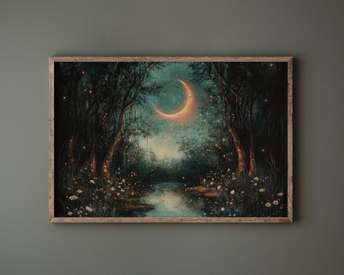 Moonlit Forest Stream Crescent Moon Night Painting Art Print - Image 2