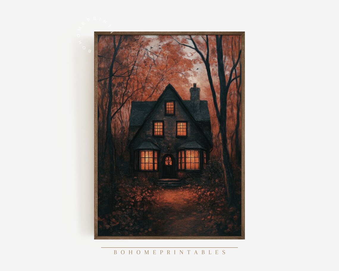 Glowing Lit Dark House in Autumn Woods Moody Night Painting Poster - Image 2