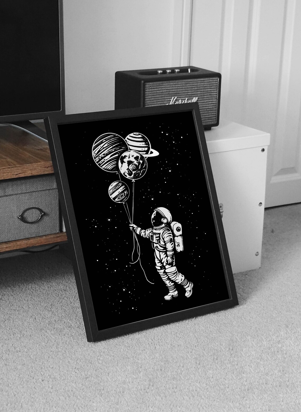 Astronaut Holding Planet Balloons Black White Space Art Poster - Image 2