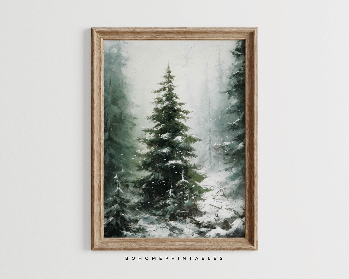 Misty Snowy Pine Forest Winter Landscape Oil Painting Art Poster