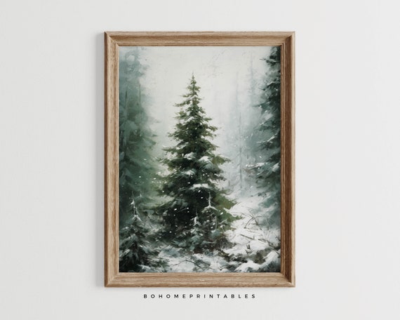 Rustic Chritsmas Decor Landscape Art Oil Painting Printable Wall Art Forest Wall Art Winter Home Decor Nature Wall Art Landscape Print