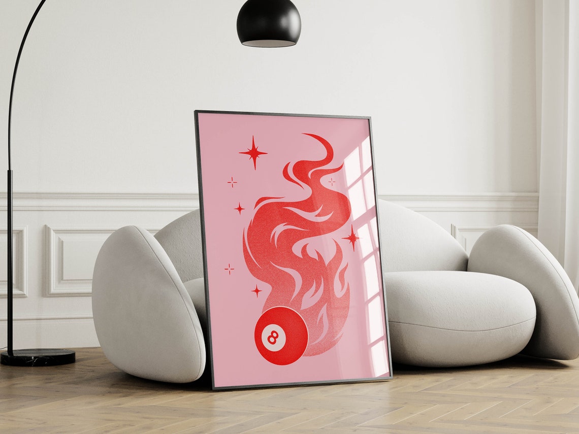Flaming Eight Ball Red Flame Pink Background Trendy Retro Wall Art - Image 3