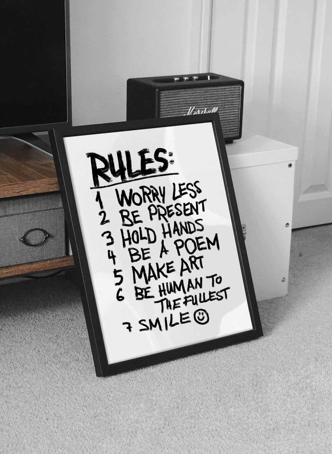 Rules Worry Less Be Present Hand Lettered Motivational Quote Poster - Image 2