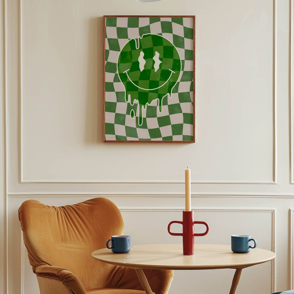 Melting Smiley Face on Green Checkered Psychedelic Retro Wall Poster - Image 2