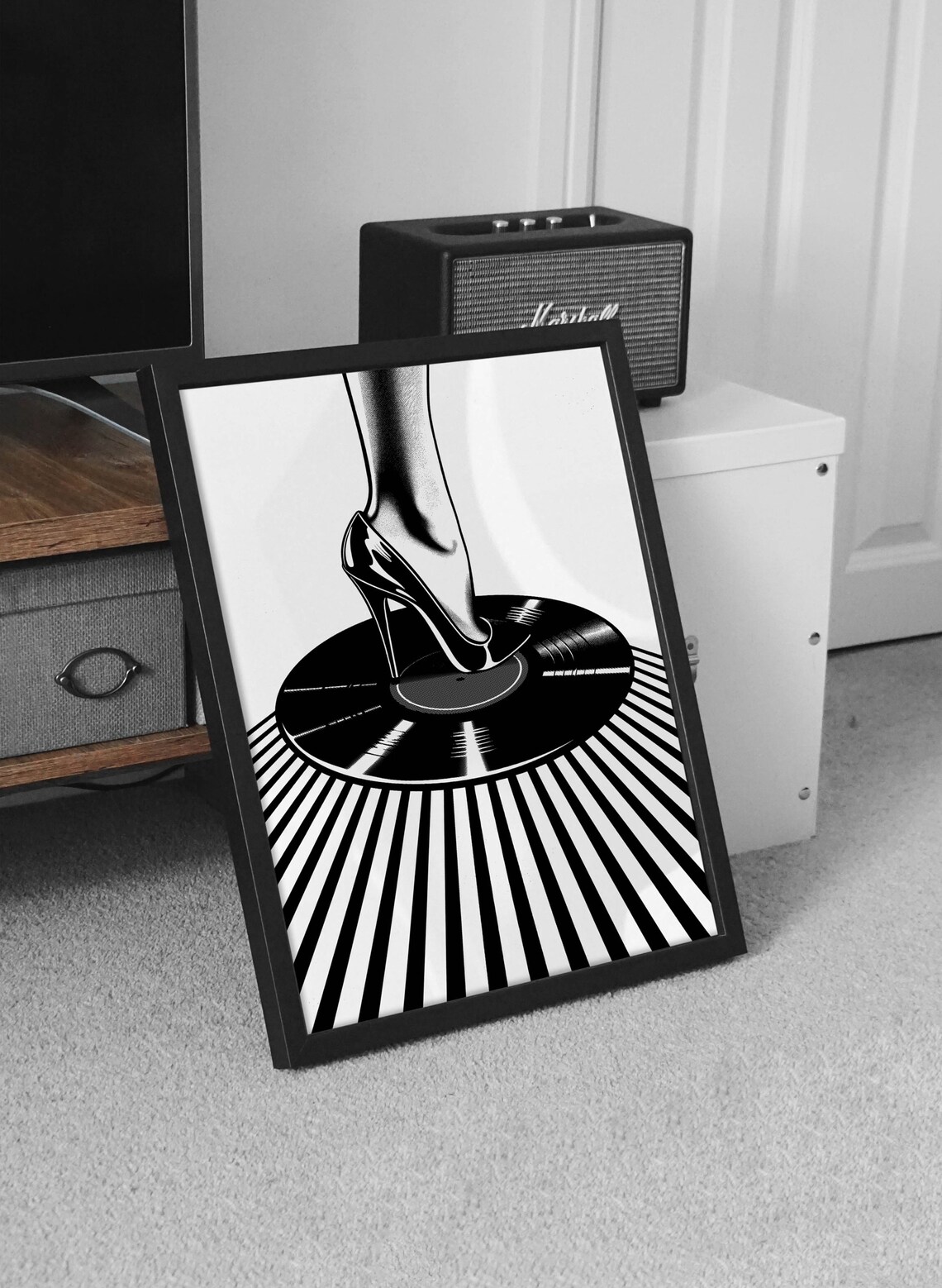 Black And White High Heel On Vinyl Record Music Fashion Poster - Image 2