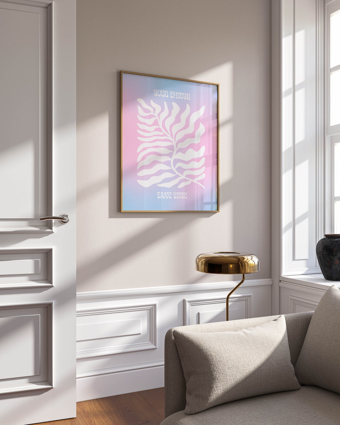 Good Things Take Time White Abstract Fern on a Pink Gradient Wall Art - Image 2