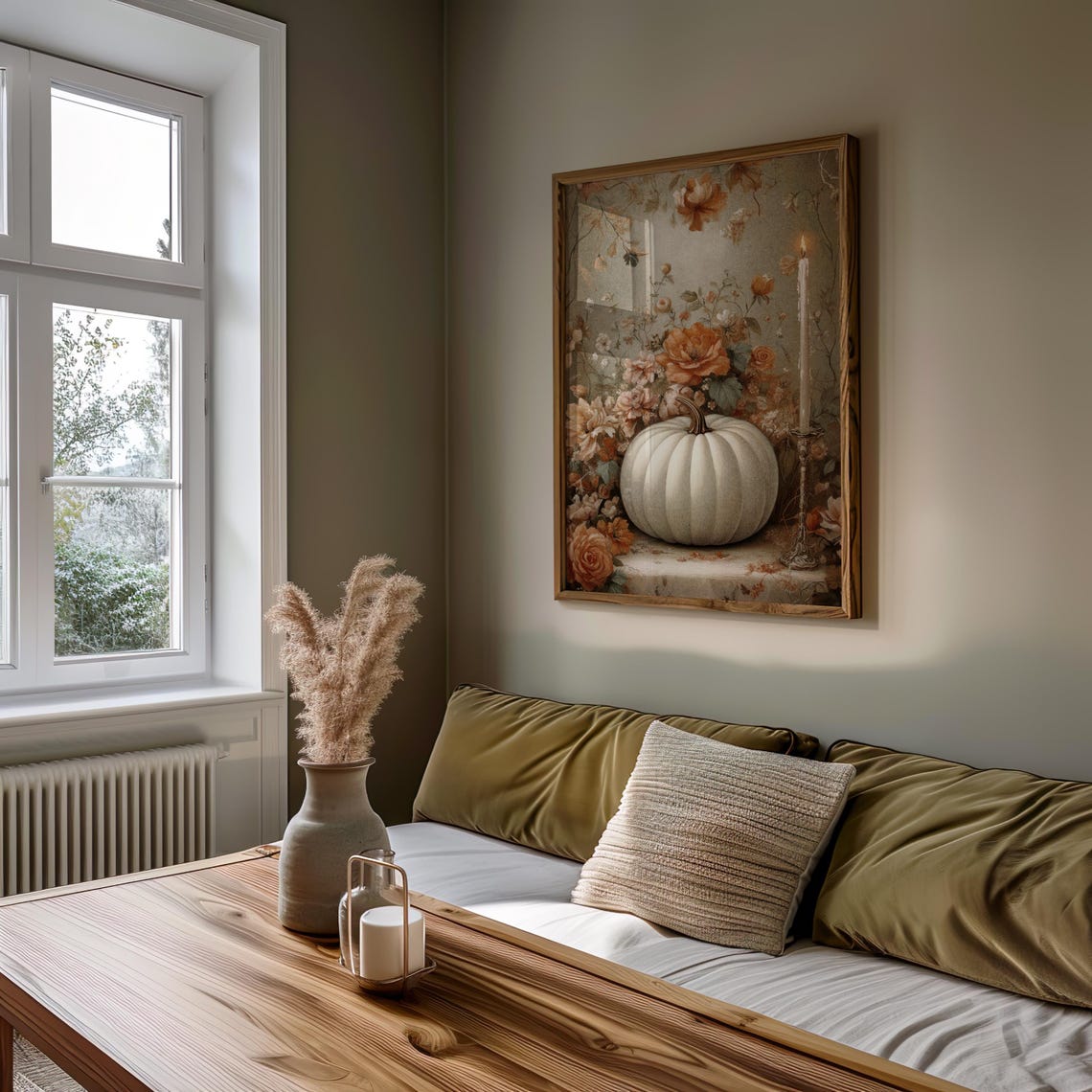 White Pumpkin with Autumn Flowers and Candle Fall Decor Poster - Image 2