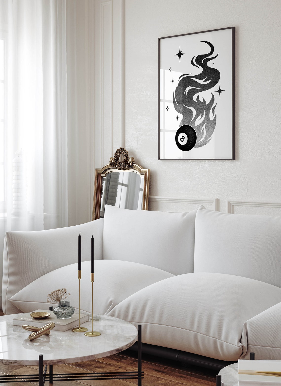 Flaming Magic 8 Ball Black and White Retro Game Room Wall Poster - Image 2