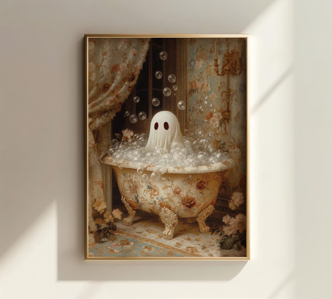 Cute Ghost Bubble Bath Vintage Floral Victorian Halloween Poster - Image 2