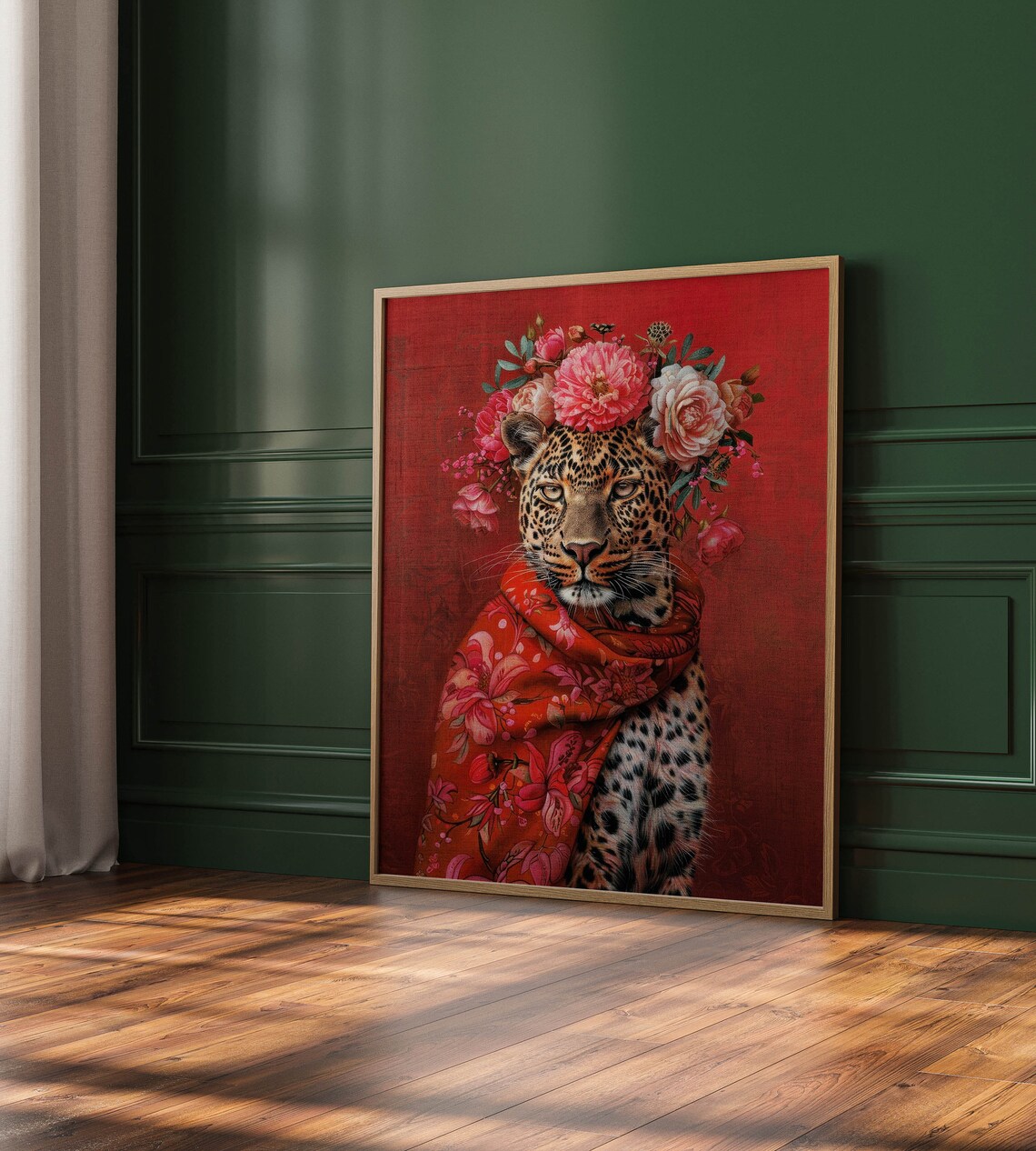 Leopard Wearing Floral Scarf Flower Crown Red Background Animal Wall Art - Image 3
