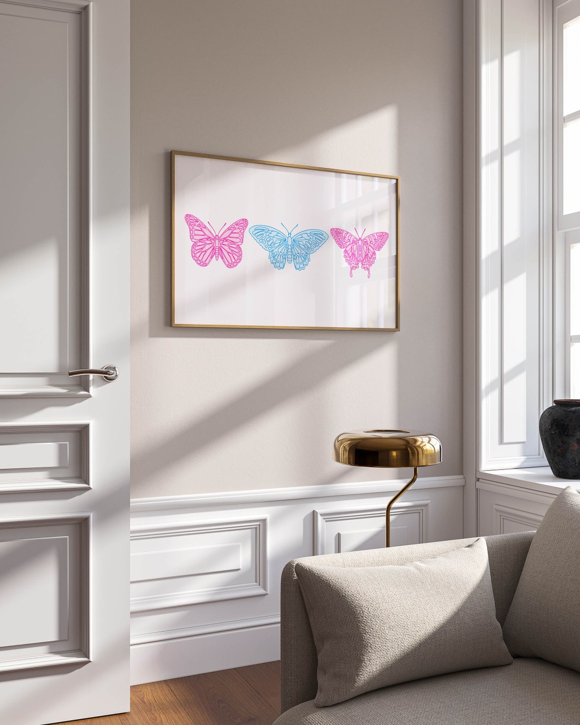 Pink and Blue Outlined Butterfly Trio Aesthetic Y2K Wall Art - Image 2
