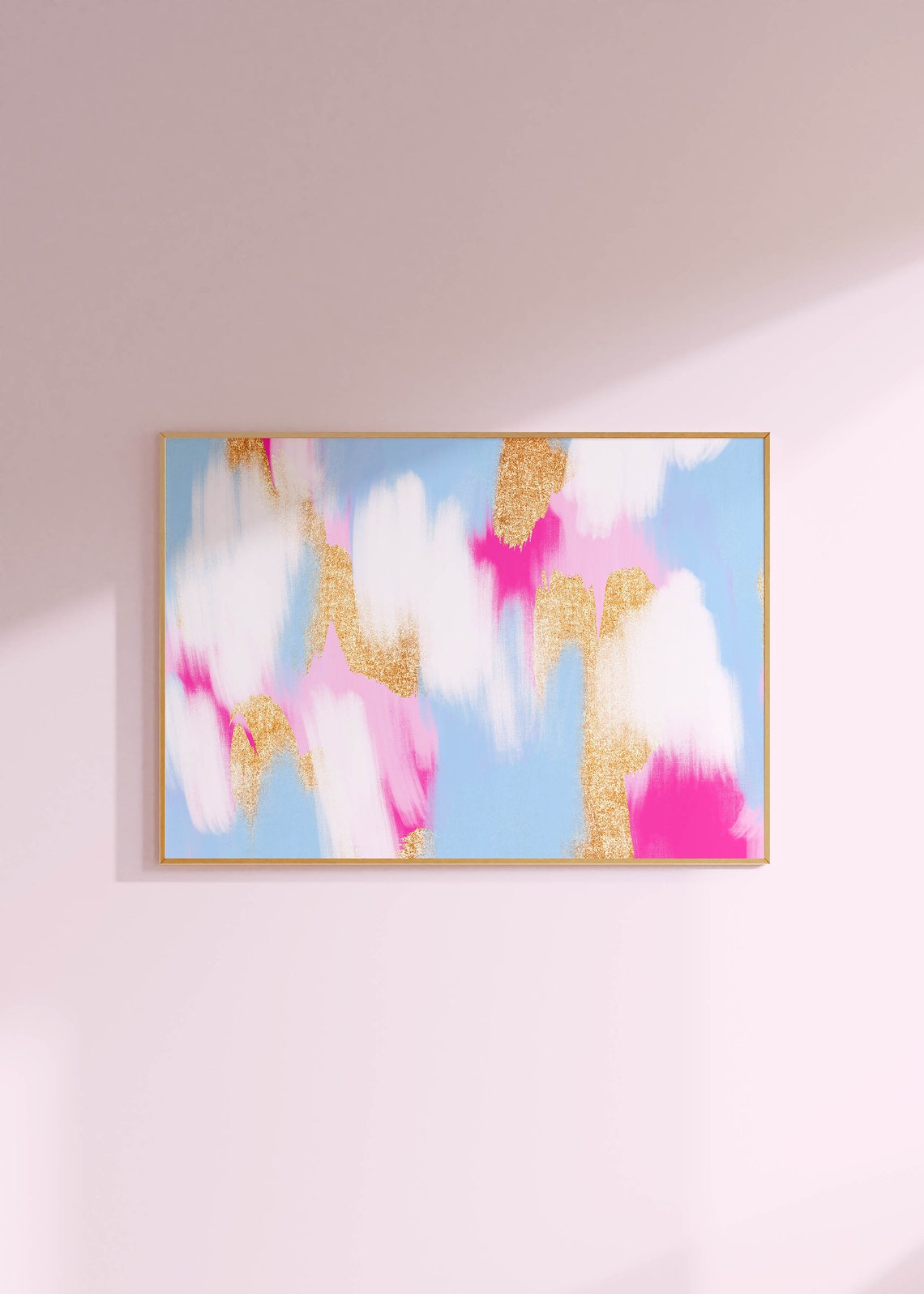 Pink Blue Gold Glitter Abstract Brushstroke Horizontal Art Poster - Image 2