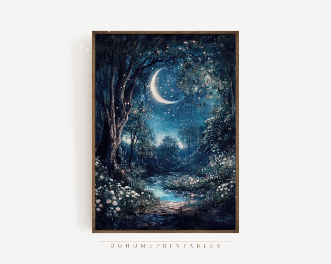 Moonlit Forest Stream Fireflies Dark Cottagecore Art Night Poster - Image 2