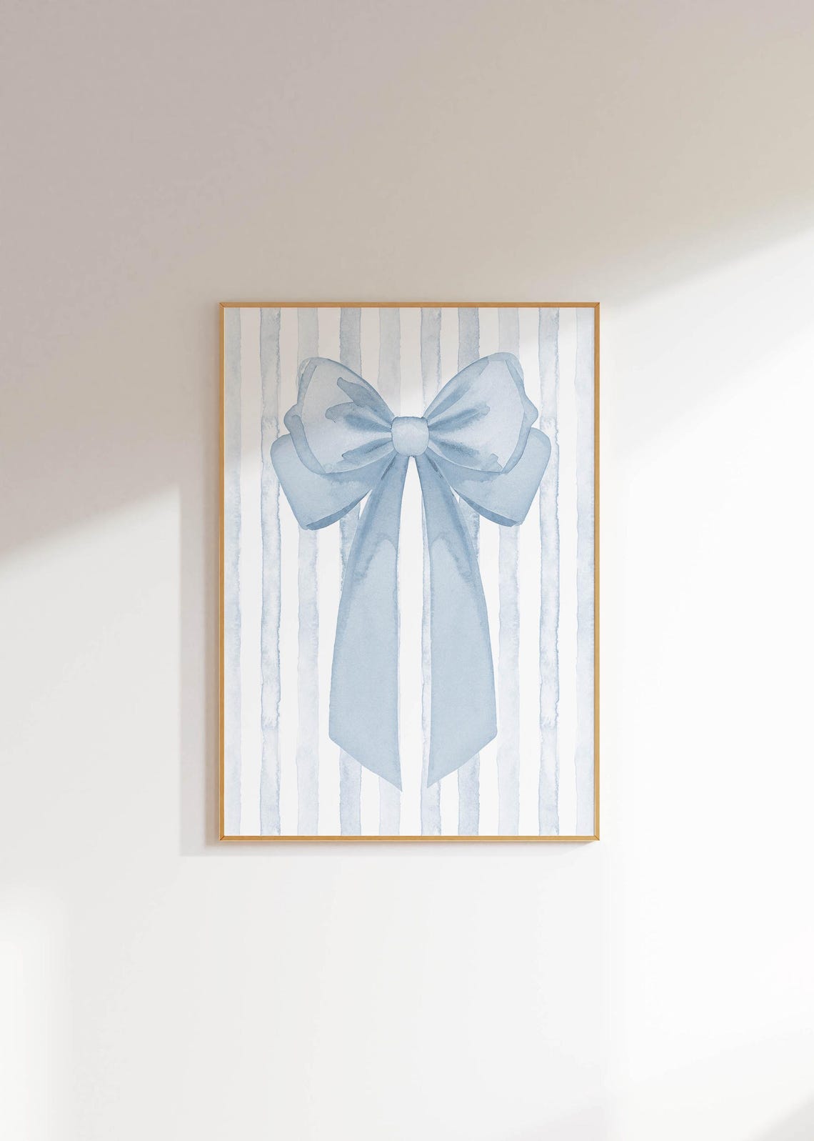 Large Charming Light Blue Bow On Blue Striped Watercolor Wall Art - Image 2