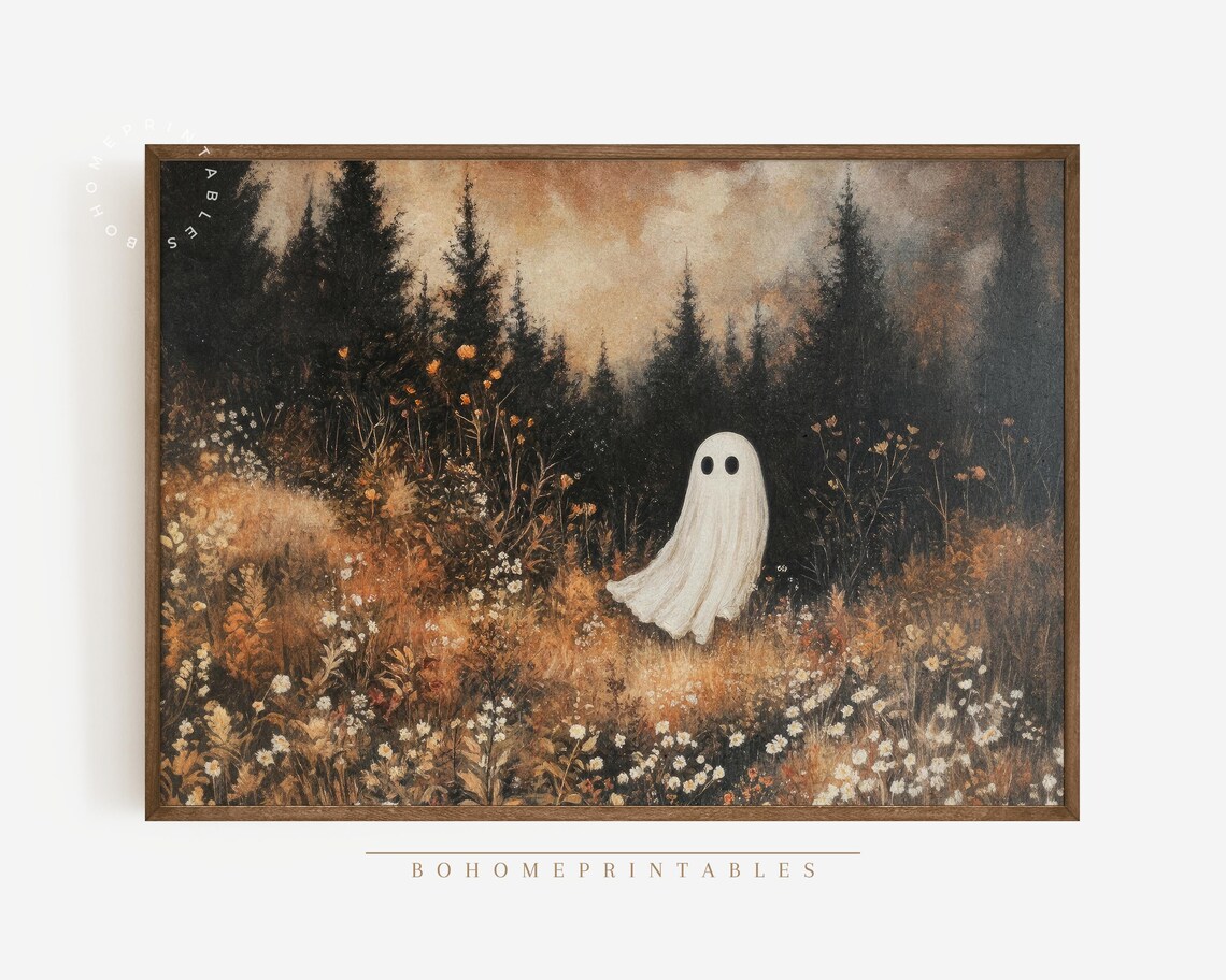 Lonely Lone Ghost in Dark Autumn Forest Floral Painting Poster - Image 2