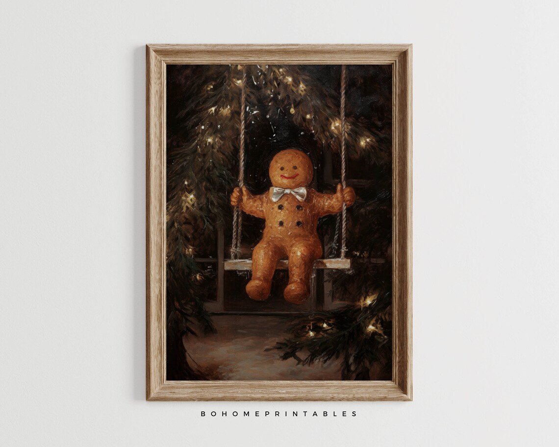 Gingerbread Man on a Swing in a Snowy Christmas Night Vintage Poster