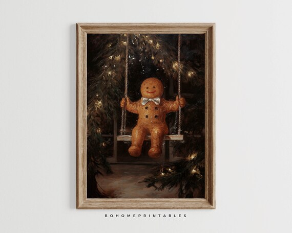 Gingerbread Man on a Swing in a Snowy Christmas Night Vintage Poster