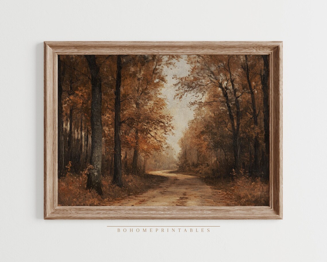 Moody Autumn Forest Path Golden Leaves Vintage Landscape Wall Art