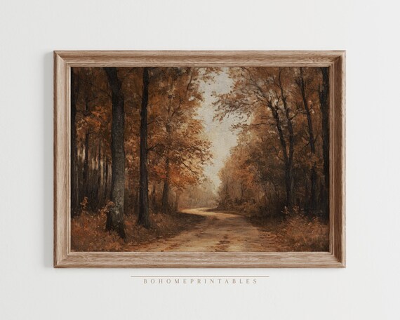 Moody Autumn Forest Path Golden Leaves Vintage Landscape Wall Art