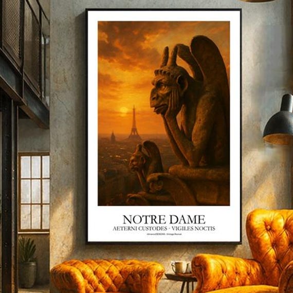 Notre Dame Gargoyle Print Paris Gothic Cathedral Eiffel Tower Sunset