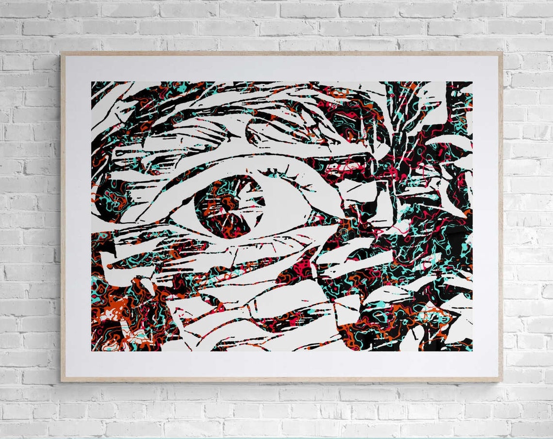 Close Up Eye in Black White with Teal Red Marble Accents Poster