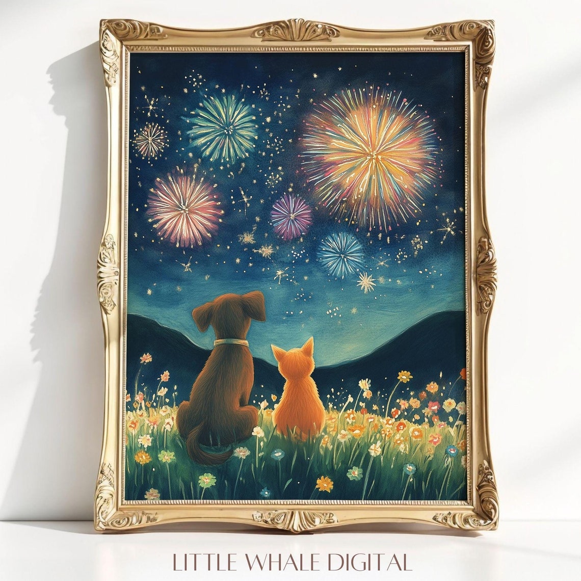 Dog and Cat Watching Fireworks in Wildflower Meadow Night Poster