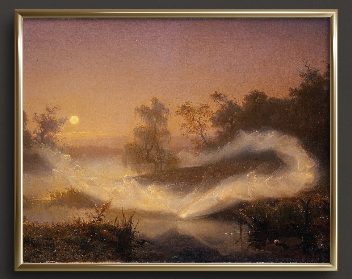 Dancing Fairies Over Misty Pond Sunset Ethereal Vintage Art Print