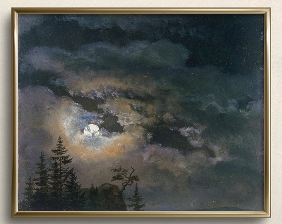 Cloud And Moon Study Fine Art Print Moody Wall Art Unique Art Prints Dark Art Print Moon Painting Night Sky Art A16