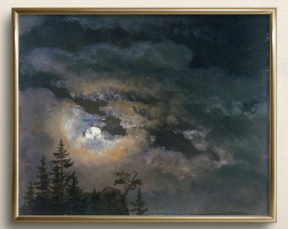 Moon Behind Dramatic Clouds Night Pine Forest Vintage Art Print