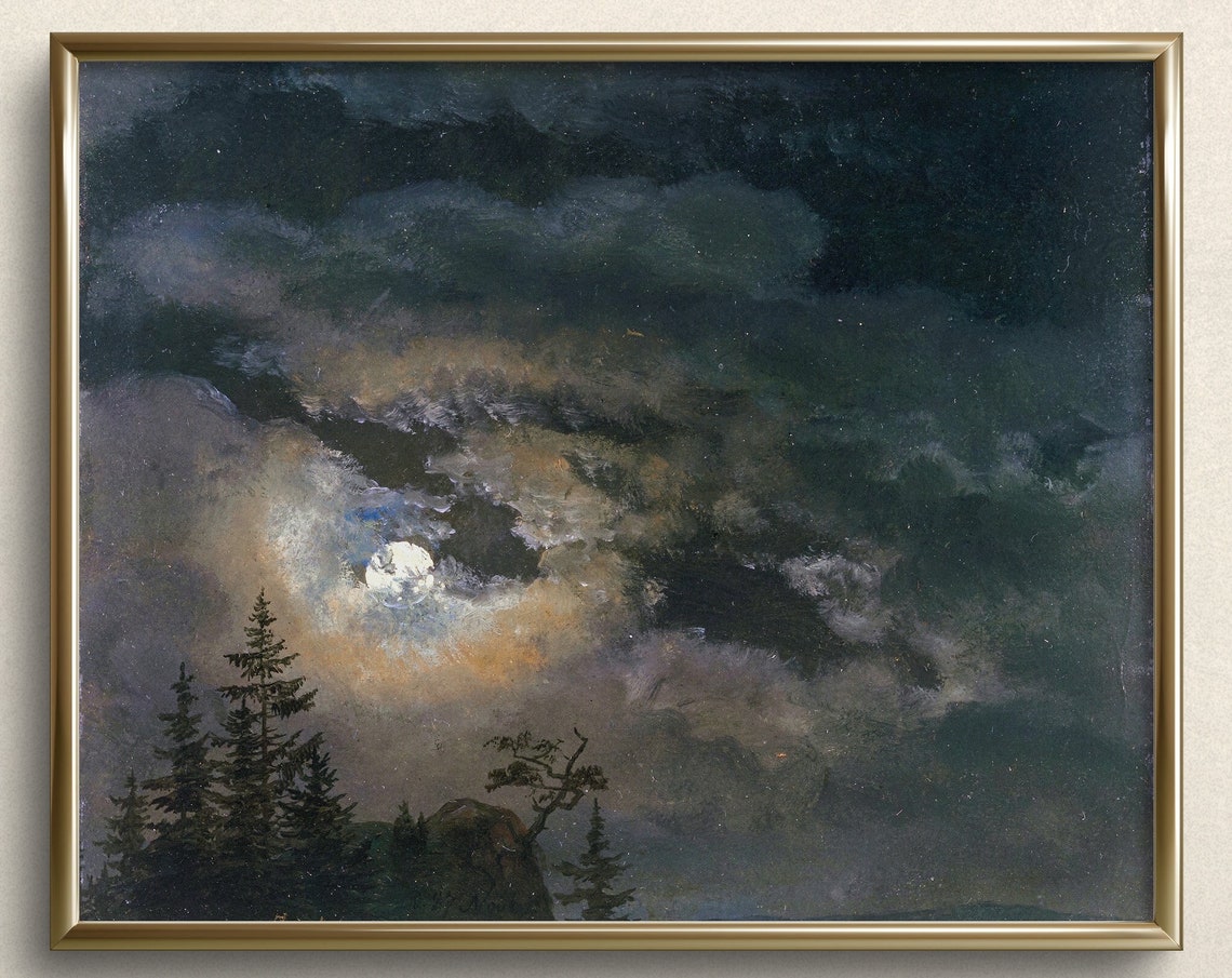 Moon Behind Dramatic Clouds Night Pine Forest Vintage Art Print