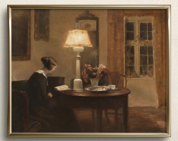 Woman Reading by Lamplight Cozy Evening Interior Vintage Art Print
