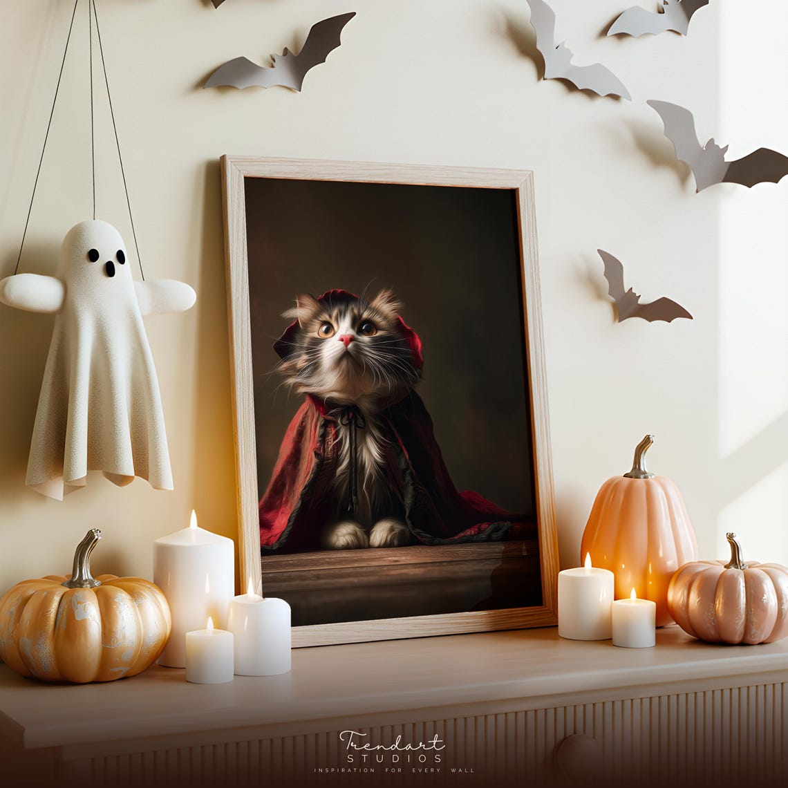 Vampire Cat Red Cape Gothic Halloween Pet Portrait Moody Wall Poster