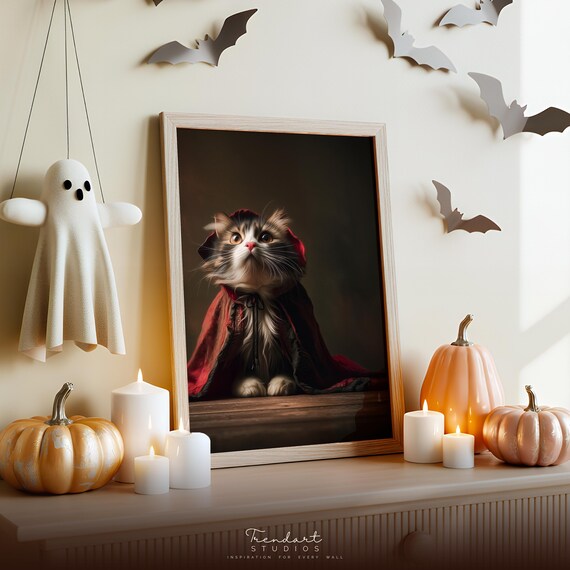 Spooky Wall Art Vampire Cat Print Dark Academia Moody Gothic Pet Portrait Da00034