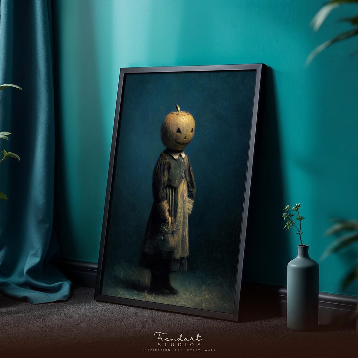Pumpkin Head Figure Moody Vintage Spooky Halloween Art Poster