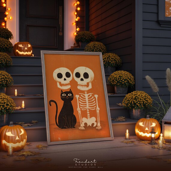 Funny Halloween Decor Quirky Skeleton Art Print Retro Couple Gift Vintage Black Cat Poster Da00025