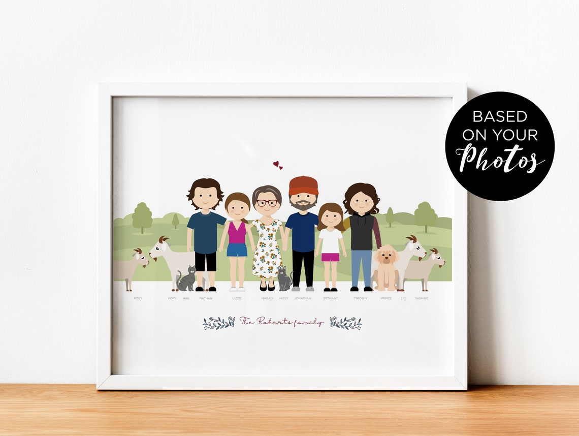 Personalized Roberts Family with Goats Pets Farm Illustration Poster