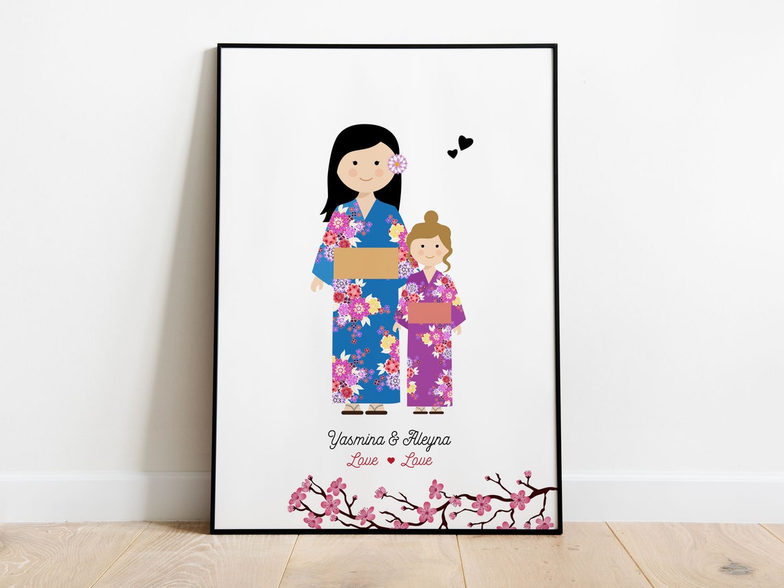 Personalized Yasmina and Aleyna Kimono Mother Daughter Portrait Poster