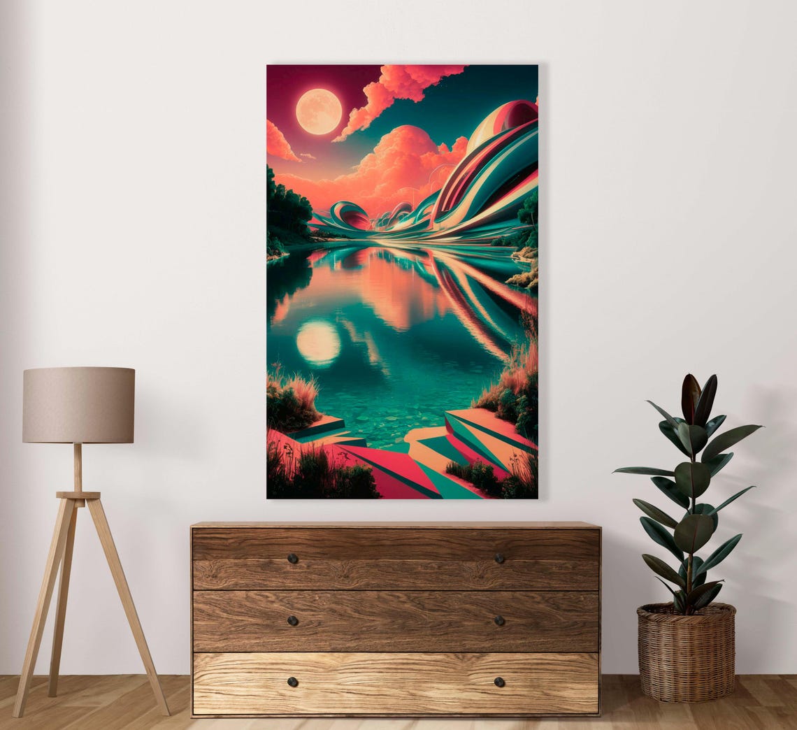 Lake Landscape In Pink Tones Poster Set Of 1 Jpg Image Natura Art Decor Commercial Use Two Moons City Electric Colors Calm Lake Art