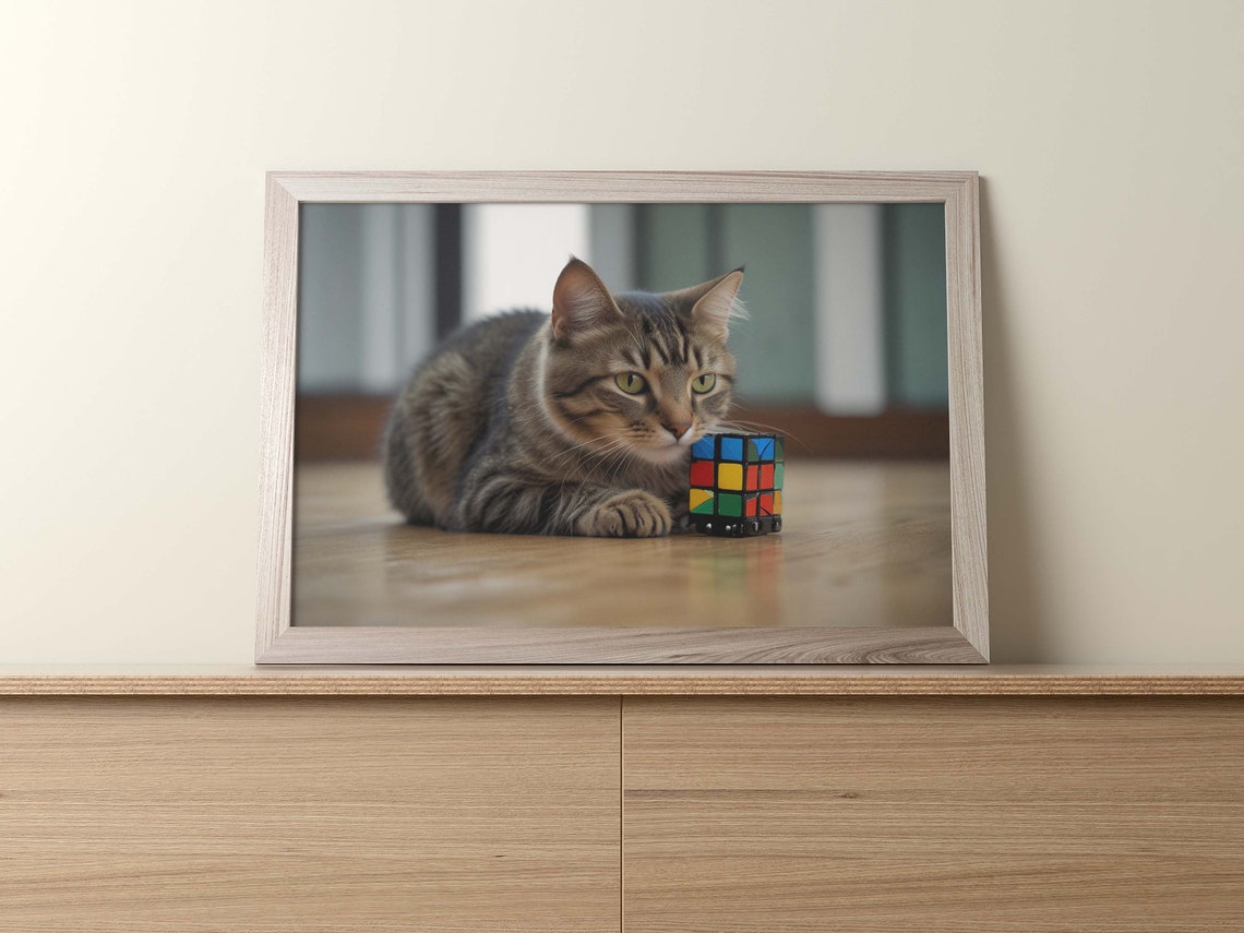 Charming Brown Tabby Cat Napping Next to Colorful Rubik Cube Poster - Image 2