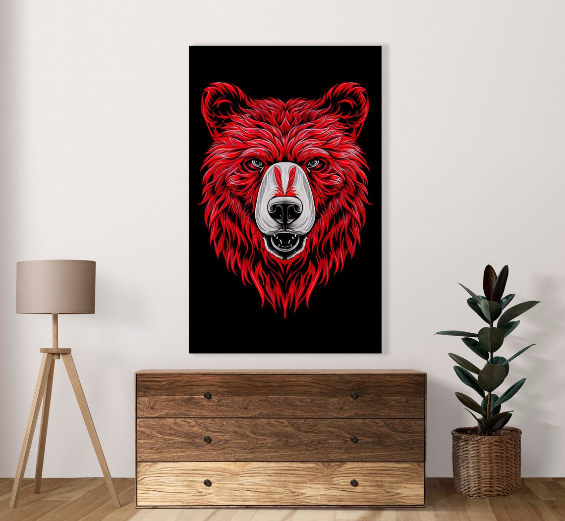 Fierce Red Bear Head Illustration On Black Background Poster