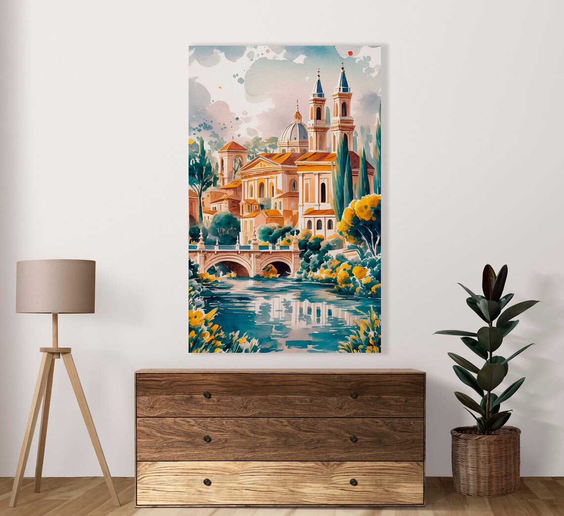 European Riverside Town With Twin Church Towers Watercolor Poster