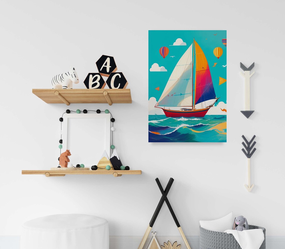Sailboat And Hot Air Balloons Boys Room Adventure Art Poster - Image 2