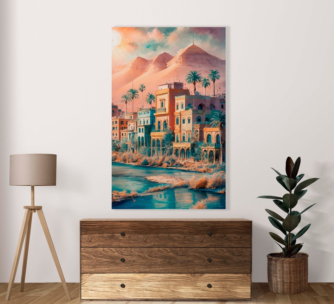Egyptian Riverside Town With Pyramids Watercolor Illustration Poster