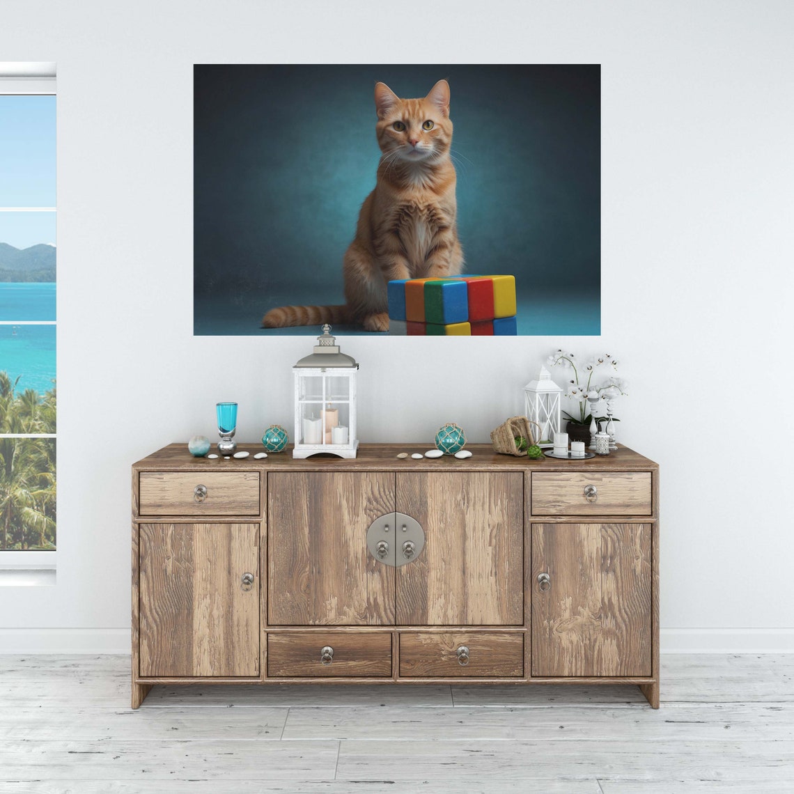 Orange Cat Sitting By Big Puzzle Cube Teal Studio Photo Poster - Image 2